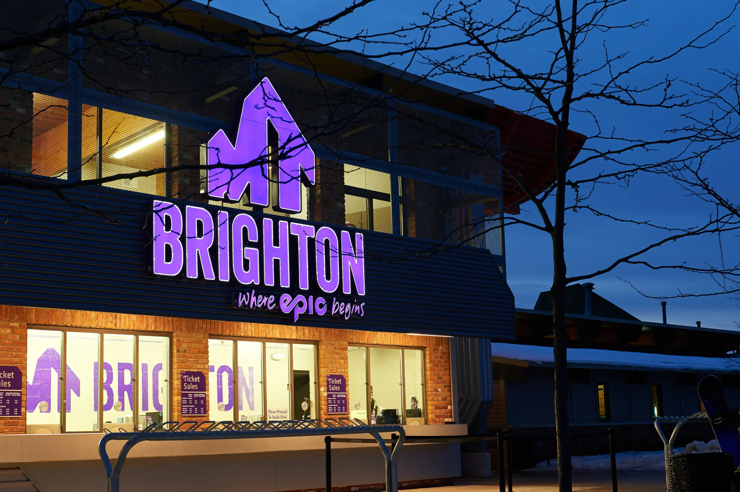 Mt. Brighton exterior view at night.