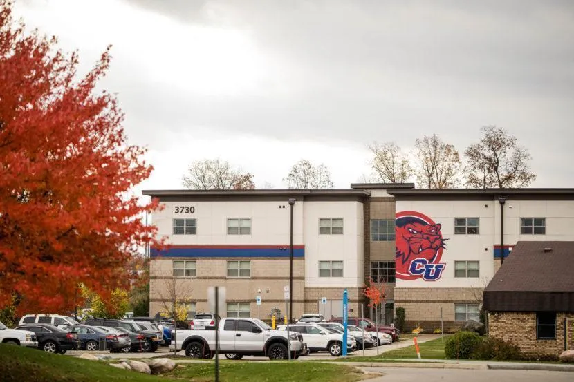 Cleary University view of campus building with meeting space during fall in Howell.