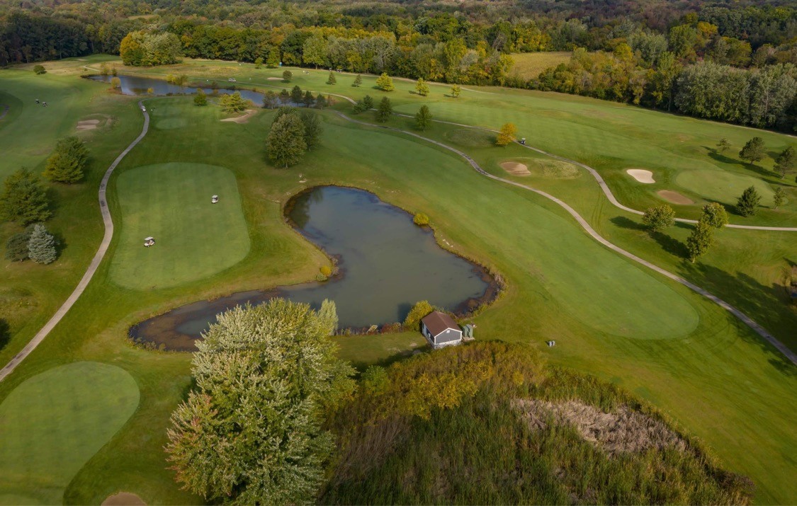 Sky view of pond on Whitmore Lake Golf Links