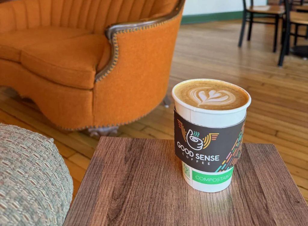 Good Sense Coffee Co latte in the cafe space.