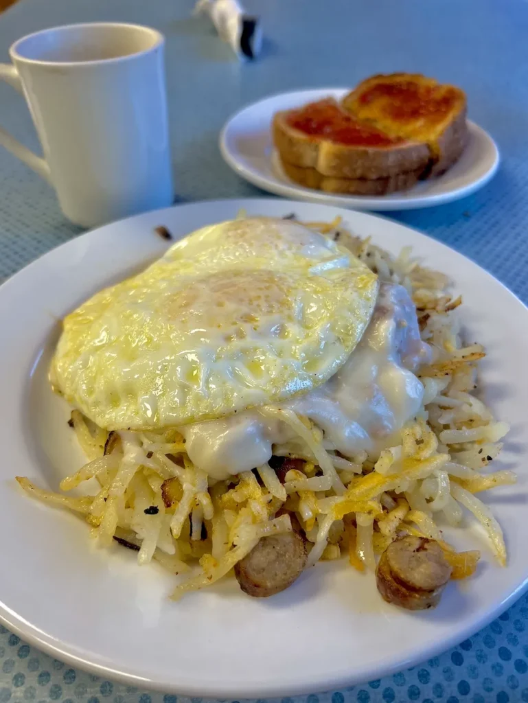 Eggs, hashbrowns, sausage, and toast at Olden Days Cafe Fowlerville, Michigan