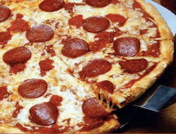 Snapshot of a cheesy Angelo's pepperoni pizza.