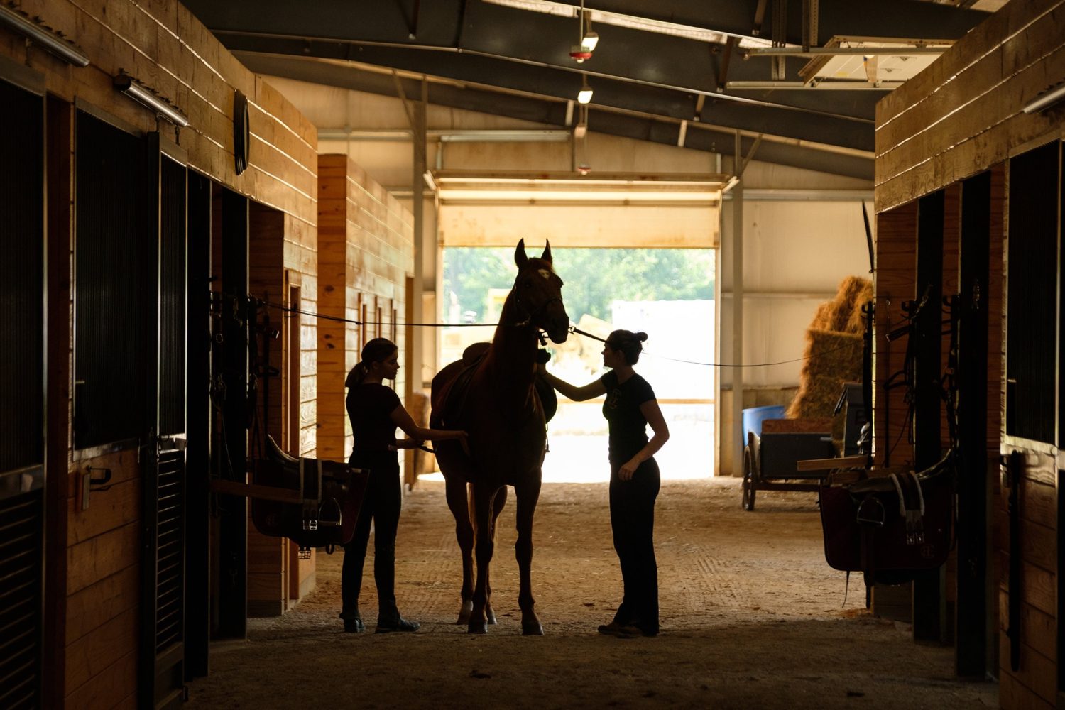 Two women saddling up a horse in a barn