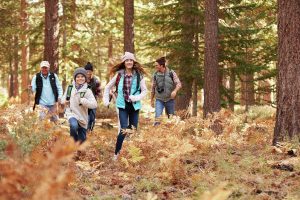 family hiking in forest