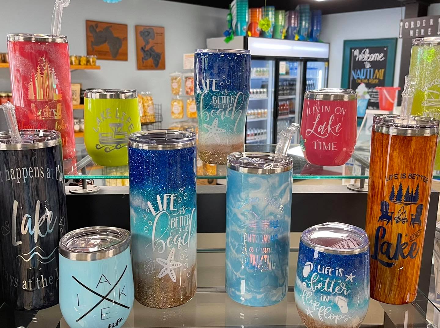NautiMI cup display in gift shop