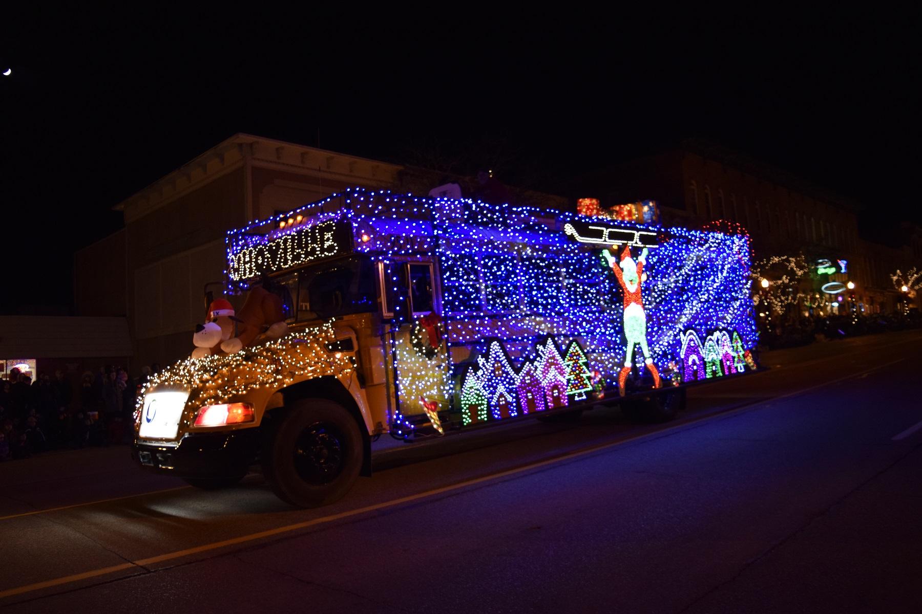 The fantasy of Lights Whoville float moving throughout the parade