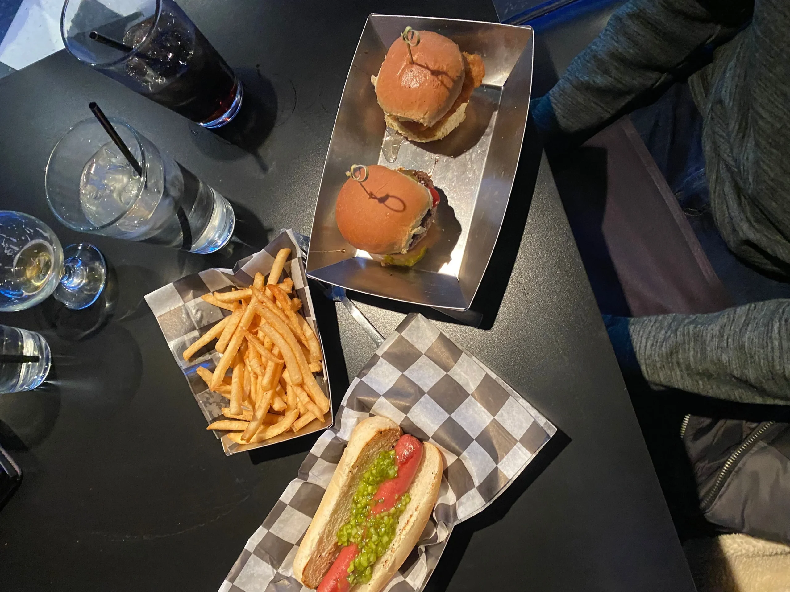sliders, fries, and a hot dog at the sidecar slider bar in brighton