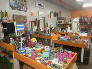 Bins of sale items at Dealz Dealz in Hartland Michigan.