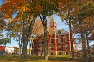 the historic howell courthouse on a crisp fall day surrounded by gorgeous autumn colors
