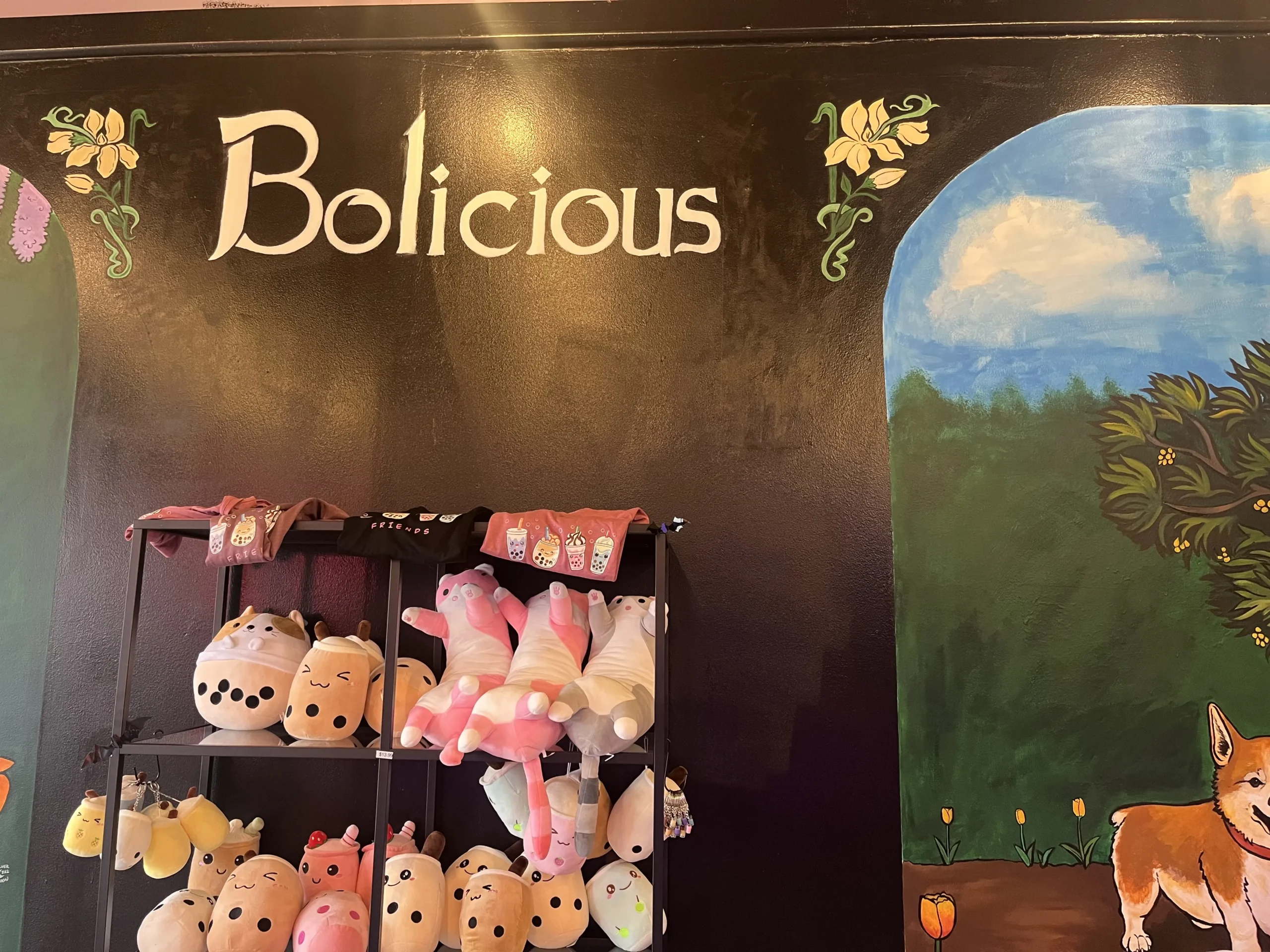 Bolicious Tea mural on the wall with squishmellos around it in Howell.