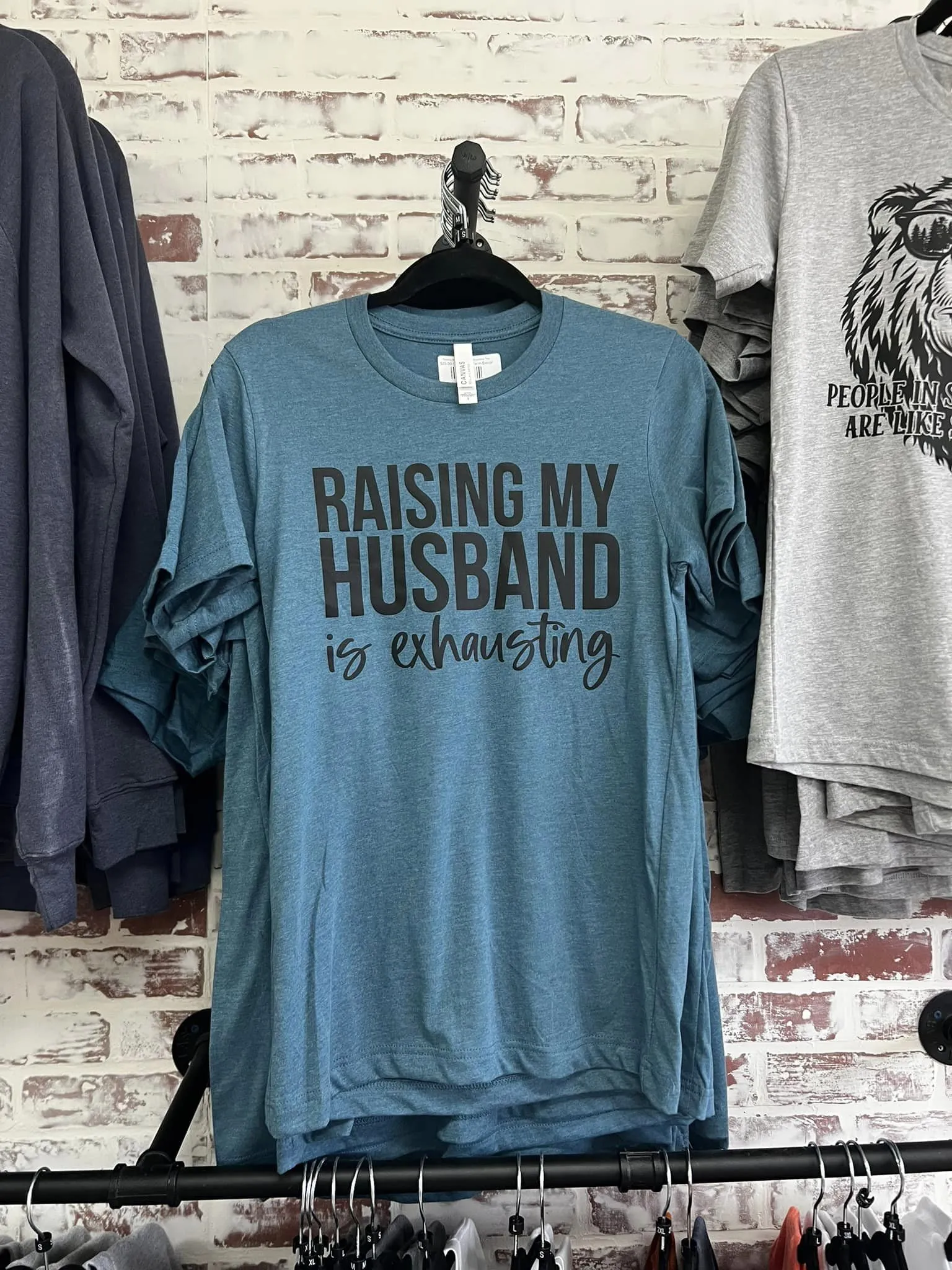 Urban Farm Decor graphic tee about raising a husband blue color.