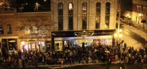 Outside of Howell Opera House during Christmas time for an Art Show.