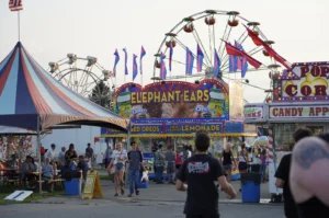 Fair attendees walking through the Fowlerville Fair with elephant ear vendors and ferris wheels behind them.