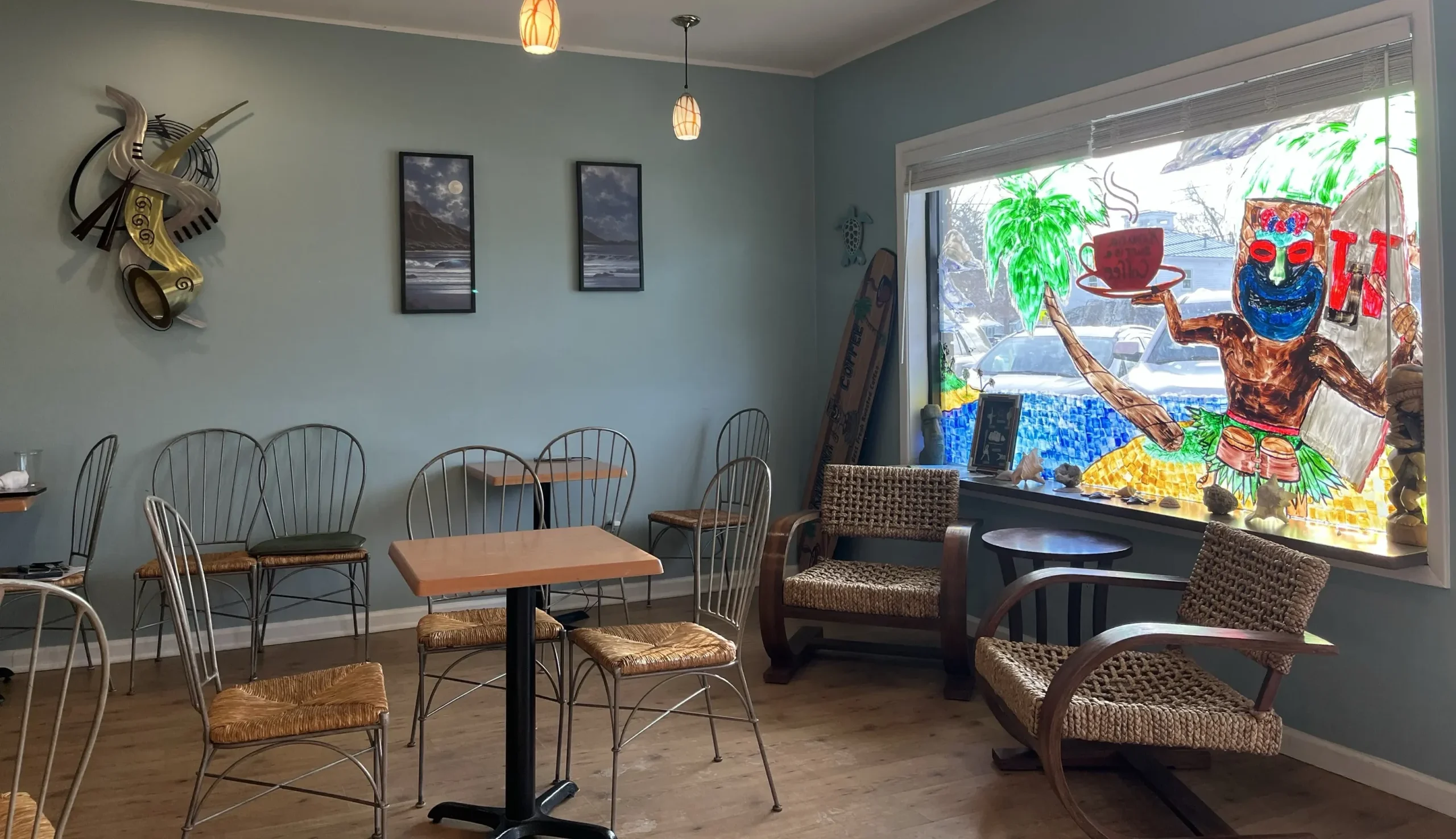 kahuna coffee seating area with painted window