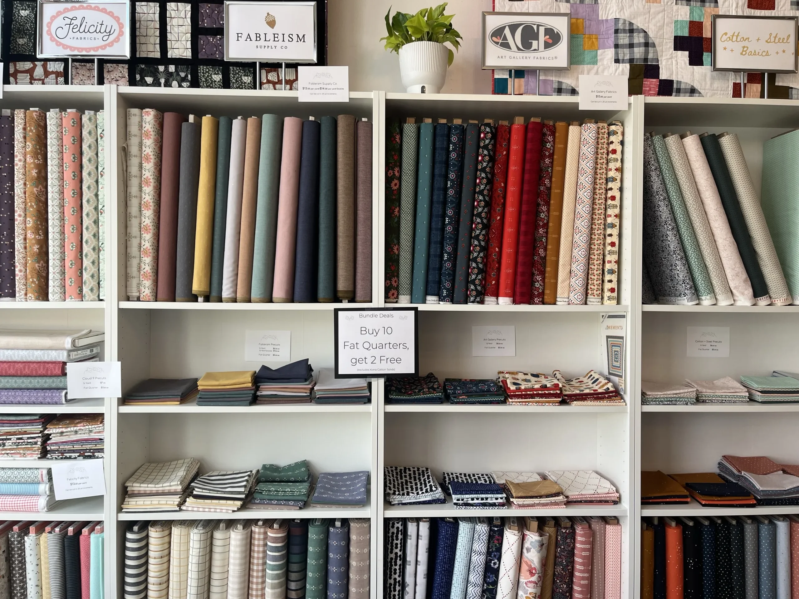 Alyssum Patch Contemporary Quilt Shop fabric wall with white shelves.