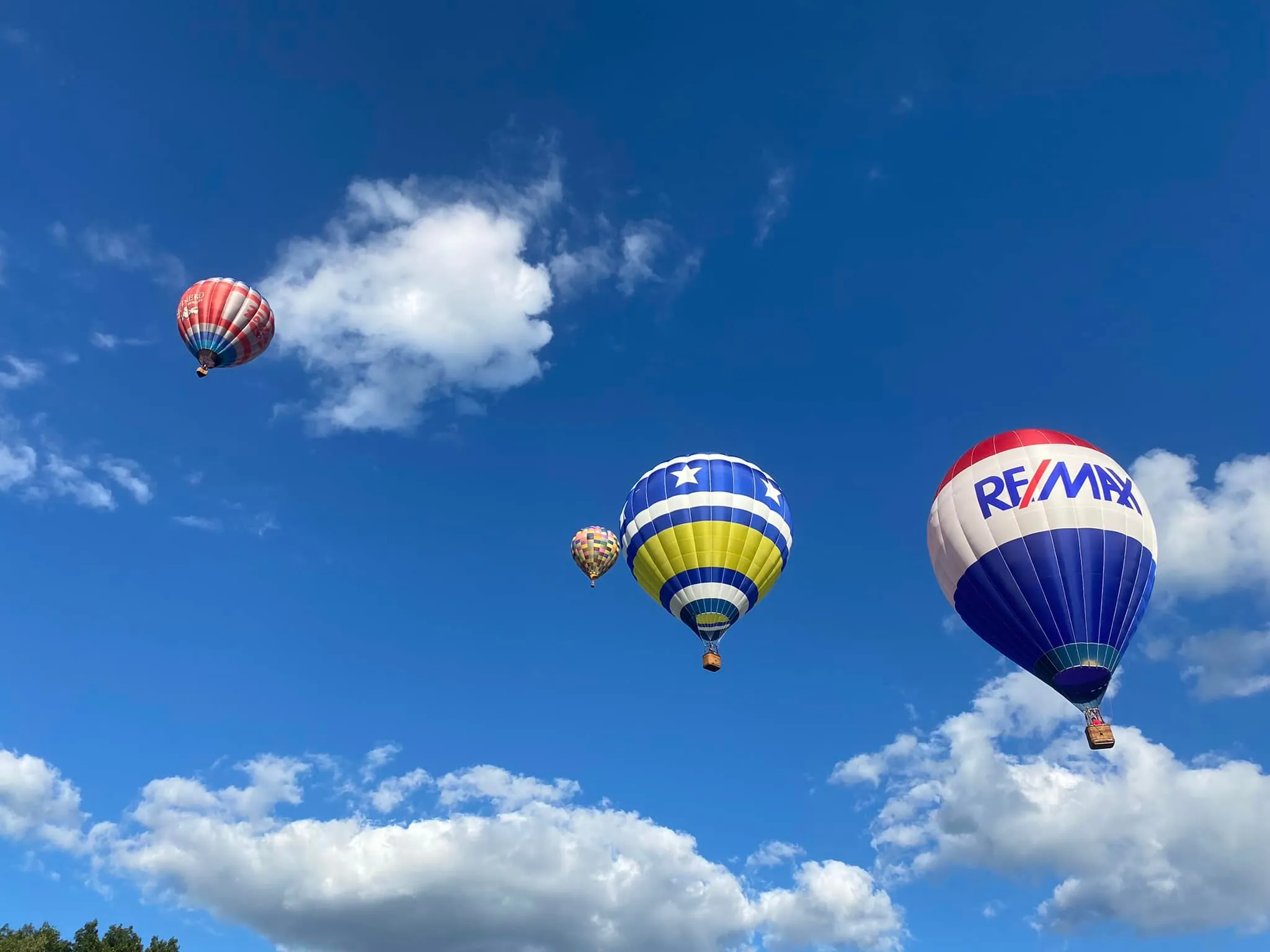 Majestic Adventures Hot Air Ballooning four balloons in the sky with white clouds.