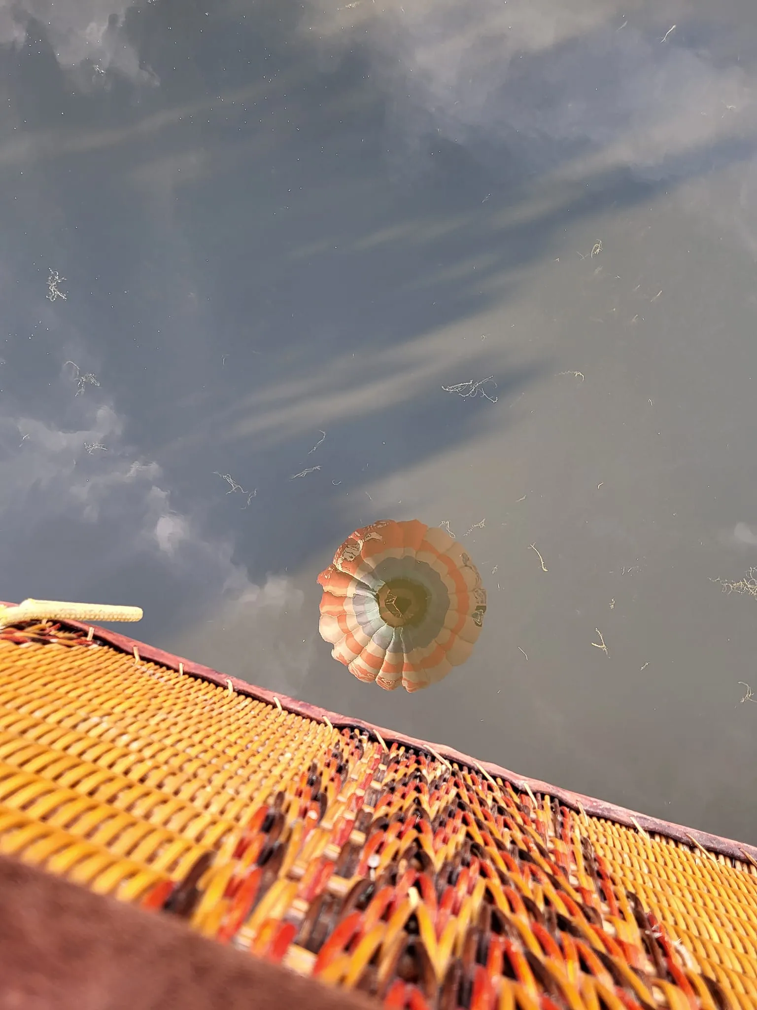 Majestic Adventures Hot Air Ballooning hot air balloon reflection in water of basket and balloon.