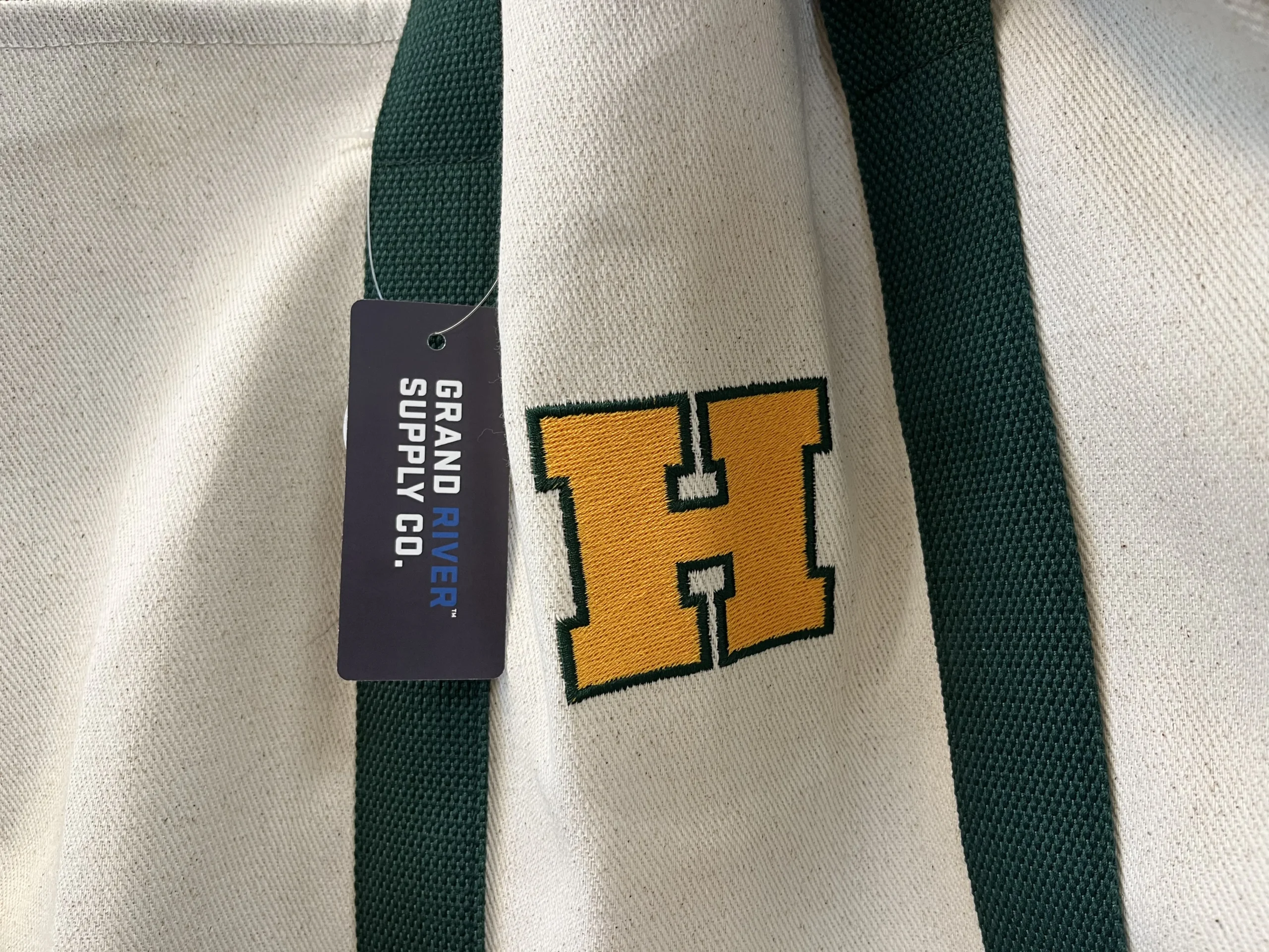 Grand River Supply Co. Howell tote bag with embroidered H in Howell.